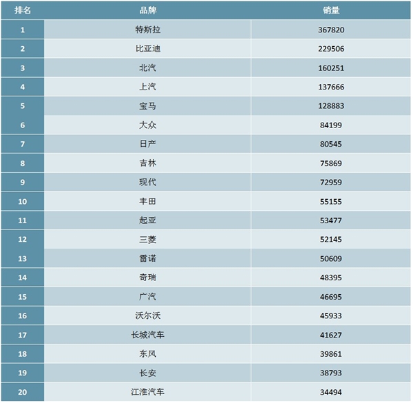 2019年全球电动车品牌销量排行榜（TOP20）